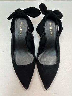 M.GEMI The Lasso Black Suede Mule Kitten Heels Bow Italy Women's 36.5 US 6.5